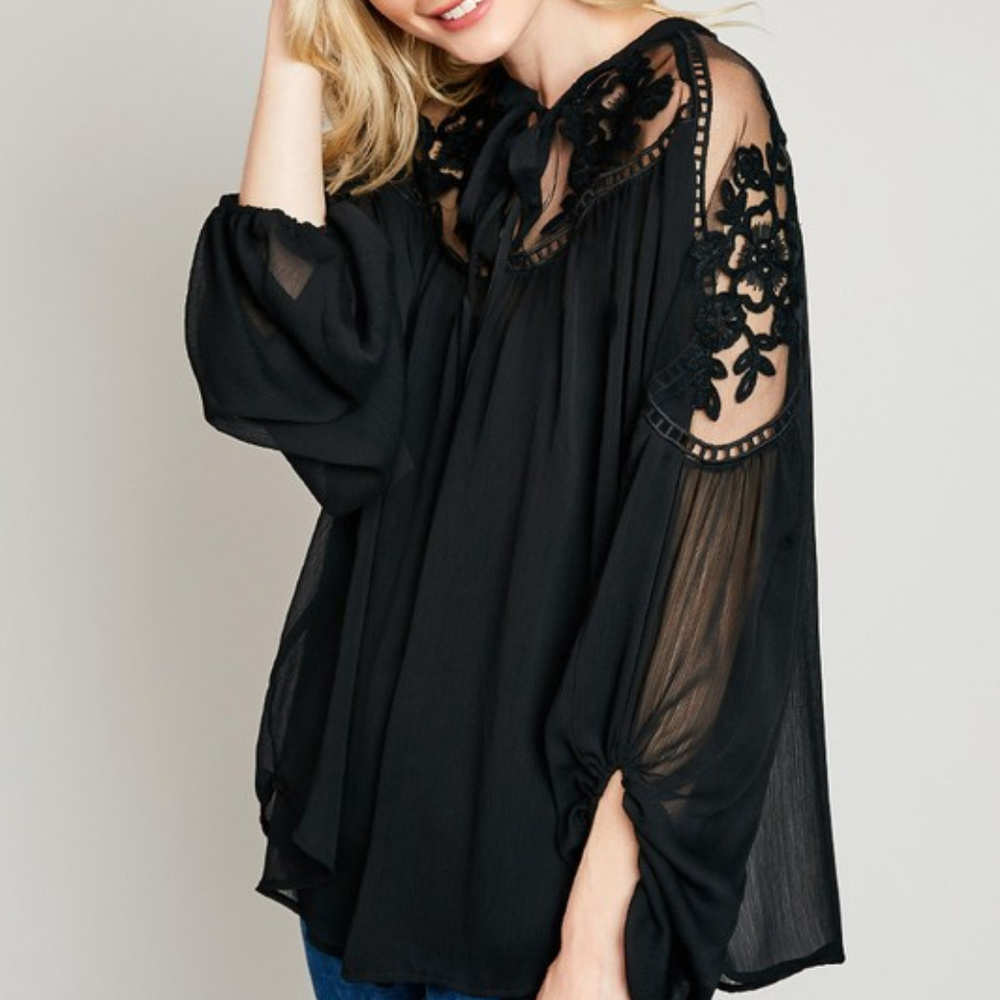 *ONLY 1 LEFT*  Sheer Tie-Front Peasant Top - Picture 3 of 5
